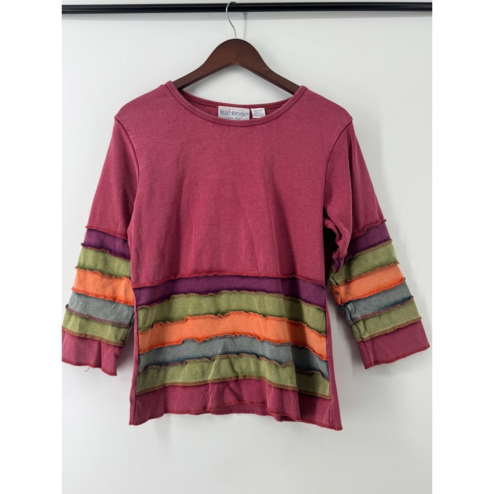Bleu Bayou Women Burgundy Cotton Tiered Ruffle 3/4 Sleeve Boho Top Large